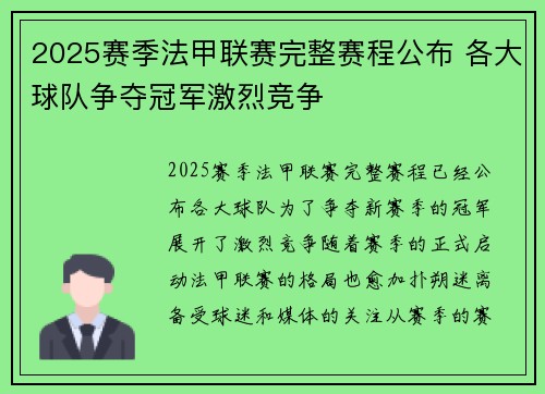 2025赛季法甲联赛完整赛程公布 各大球队争夺冠军激烈竞争