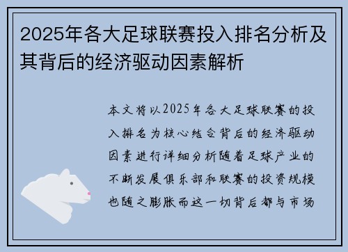 2025年各大足球联赛投入排名分析及其背后的经济驱动因素解析