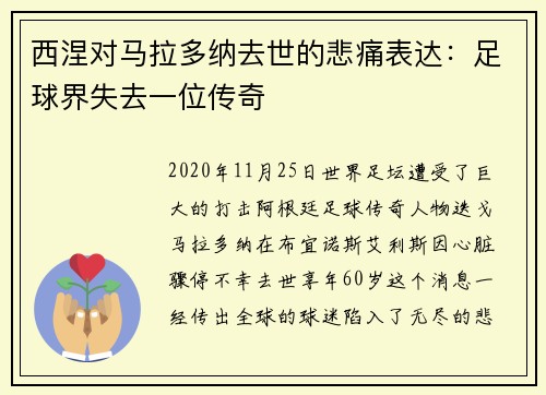西涅对马拉多纳去世的悲痛表达：足球界失去一位传奇